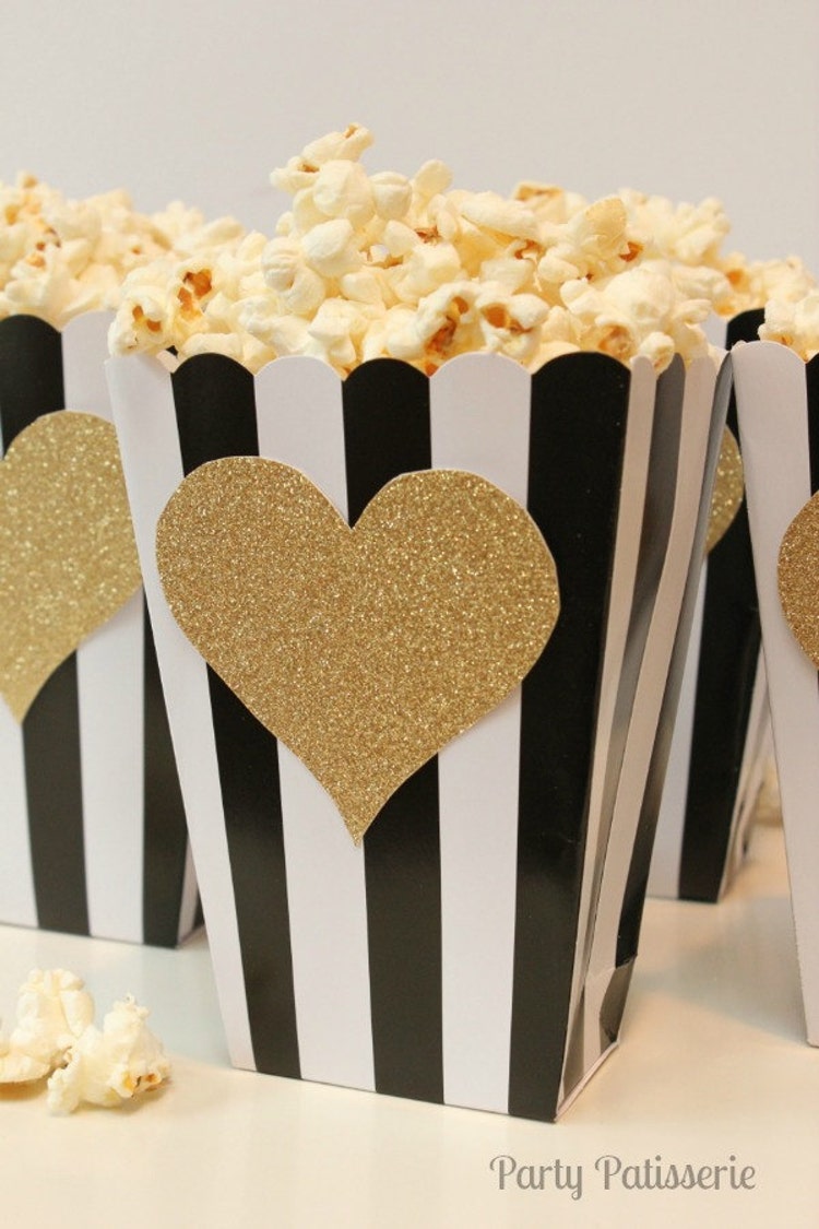 Black & White Striped Popcorn Boxes with Gold by PartyPatisserie