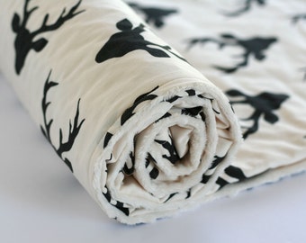 Buck Forest Minky Baby Blanket, Woodland Nursery Bedding, Black Deer Antlers Hello Bear Buck Forest Night Ivory Minky Blanket Gender Neutral