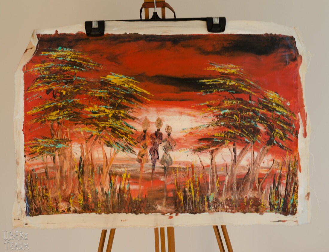 Zambian Folk Art 'Transporting Water' Oil Painting