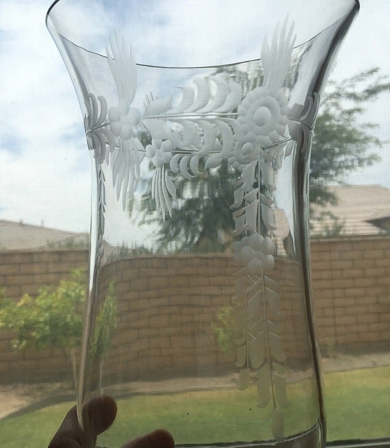 Etched hurricane shade crystal glass ornate high end elegant