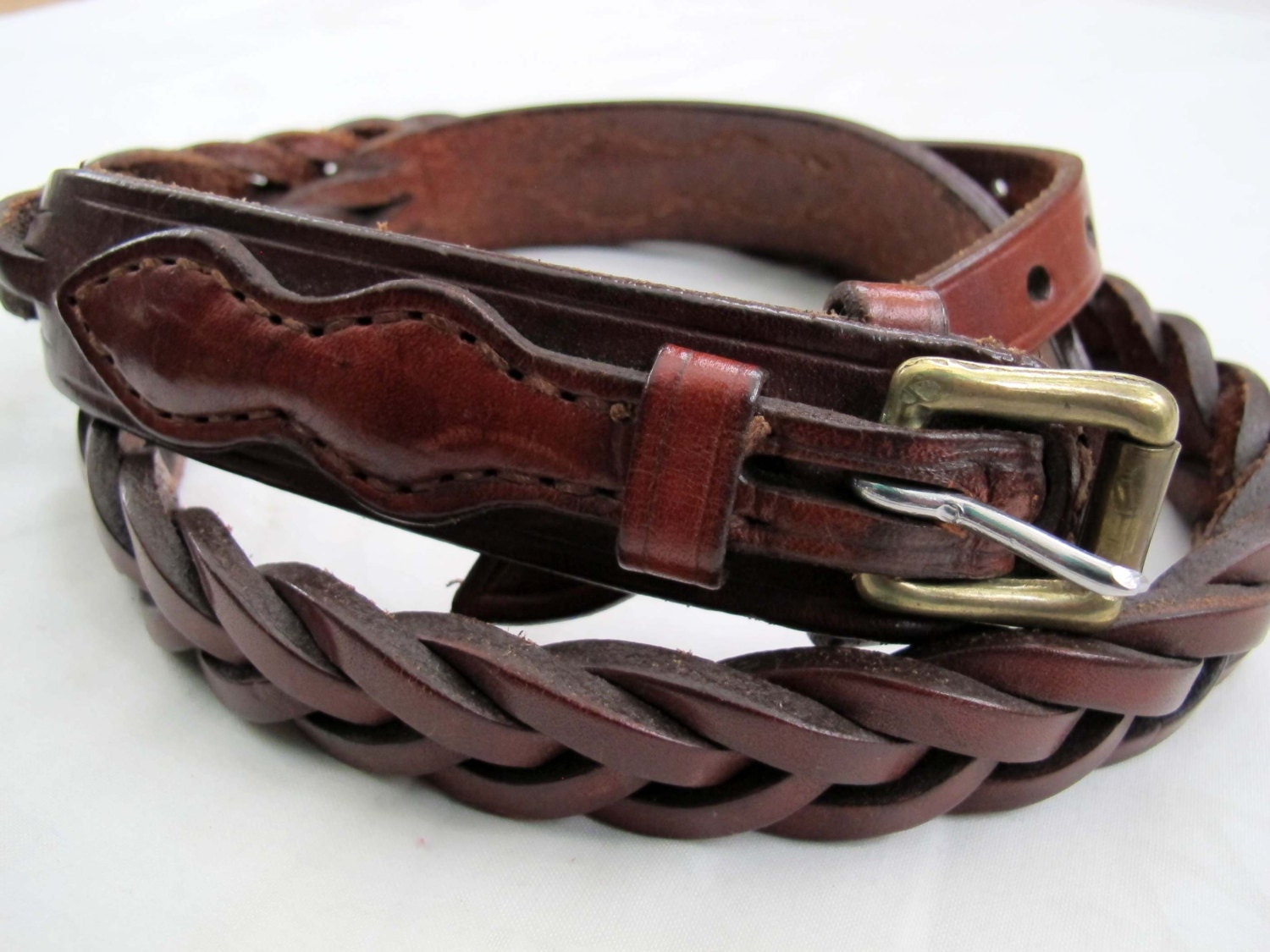 Vintage braided ranger style belt / Brown braided belt / Leather and