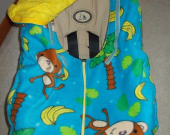 Gender Neutral Infant Baby Car Seat Cover Boy Girl Blue Fleece with Monkey Banana and Palm Trees Yellow Flannel