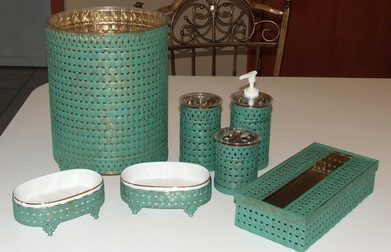 BATHROOM ACCESSORIES SET Vintage Brass *Refinished in Teal Chalk Paint 