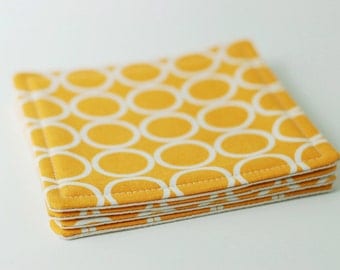 Fabric Coasters Set of 4 / White Circles on Gold Yellow