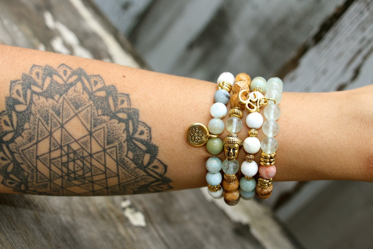 LOTUS ZEN Gold Bracelet Set Amazonite Green Quartz Howlite