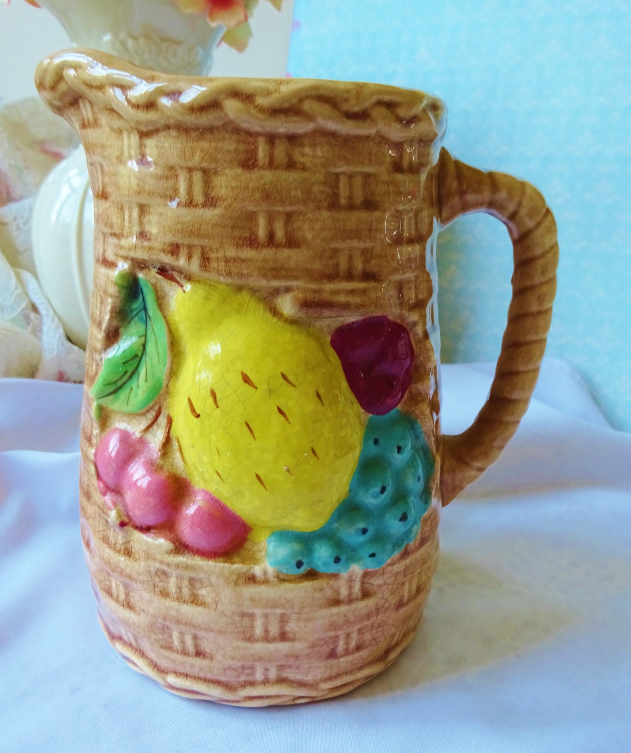 Vintage Yellow Ware Pottery Pitcher With FRUIT And Mushrooms