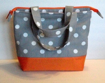 Lunch Bag Adult Lunch Bag Insulated Womens Lunch Bag Large Zipper Top Inside. Pockets Grey Polka Dot Choose Your Color