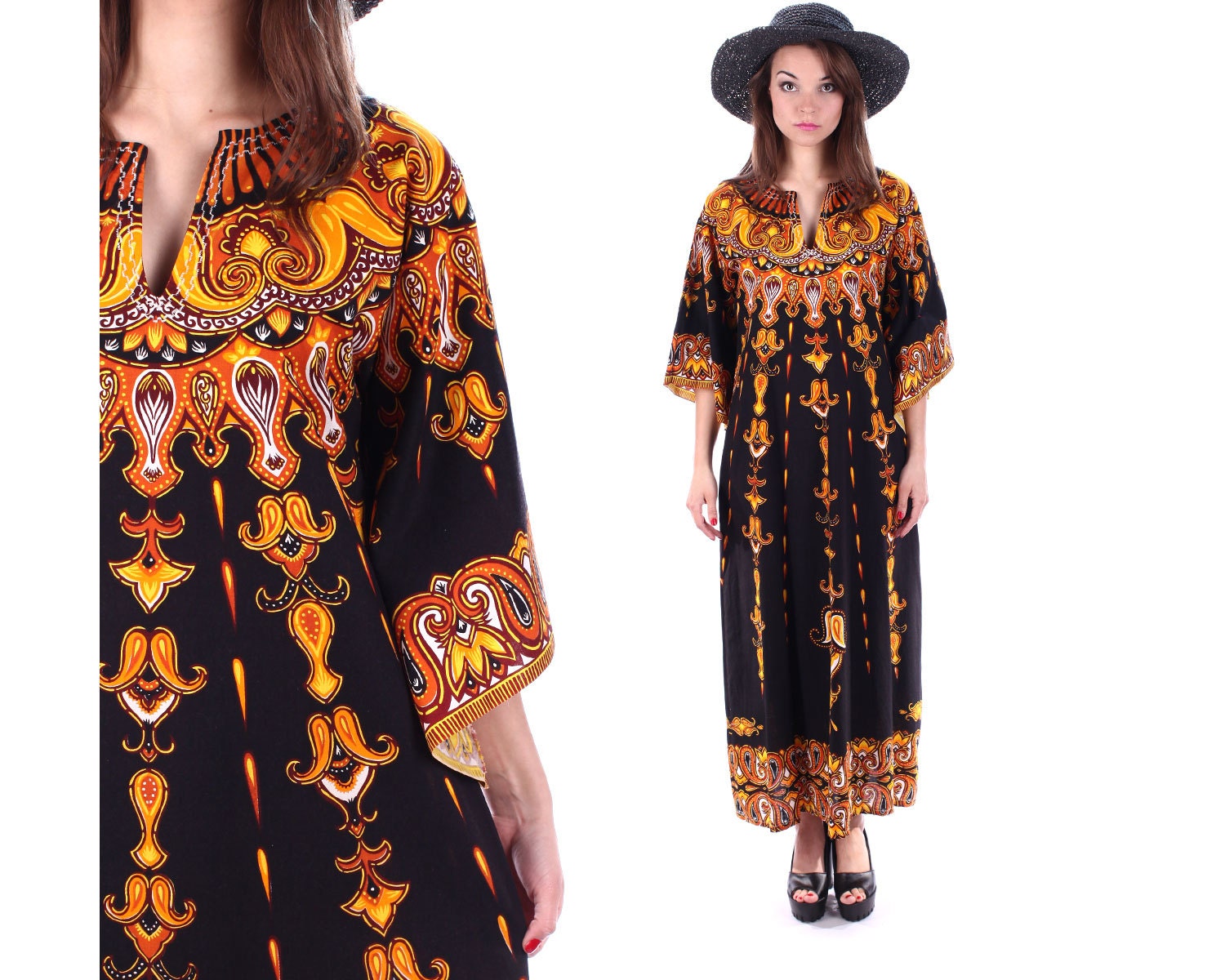Hippie Caftan Dress 70s Bohemian Ethnic Long Bell Sleeve 70s Cotton ...