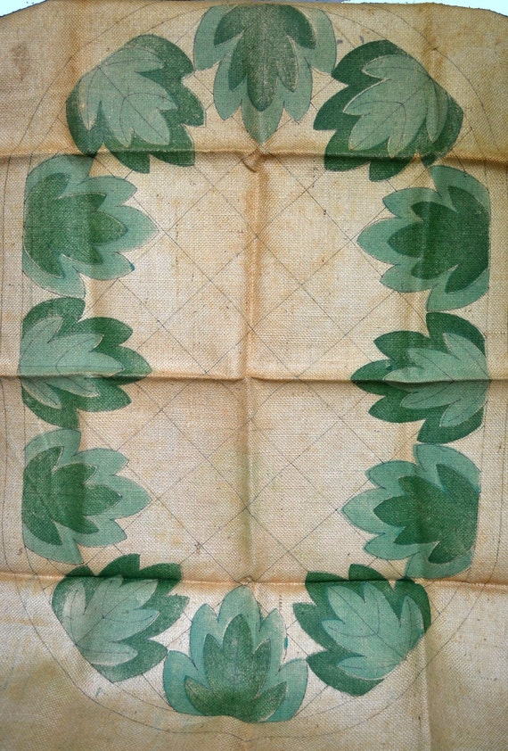 Vintage Rug Hooking Pattern on Burlap Green Leaves Oval Design
