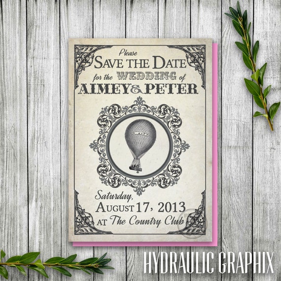 Printable Hot Air Balloon Save the Date Postcard, Steampunk Balloon Wedding Save the Date, Wizard of Oz Wedding theme, Vintage Postcard Il_570xn