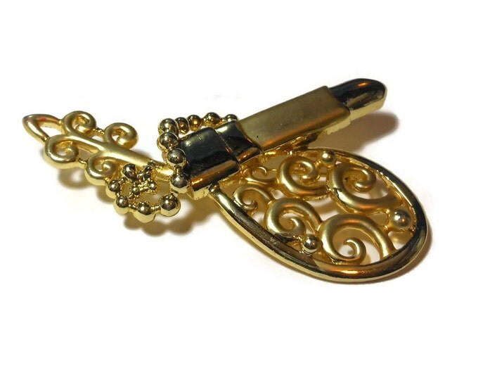 FREE SHIPPING Don Lin lipstick mirror brooch, matte brush gold finish, lovely scroll work, unique style for Don Lin, 1980s