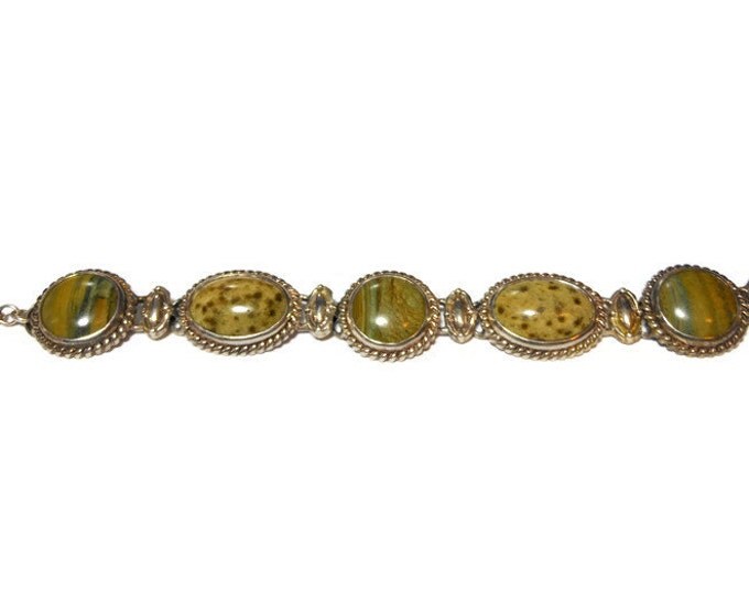 FREE SHIPPING Green stone bracelet, natural stone probably jasper or agate, rope frame striated cabochons with mottled ones via links