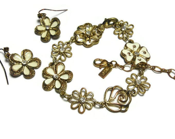 1928 necklace, bracelet and earrings, gold chain, enamel flowers, flowers with rhinestones, floral discs and floral and plain cream beads