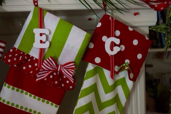 Christmas stockings 4 personalized in bright red and green