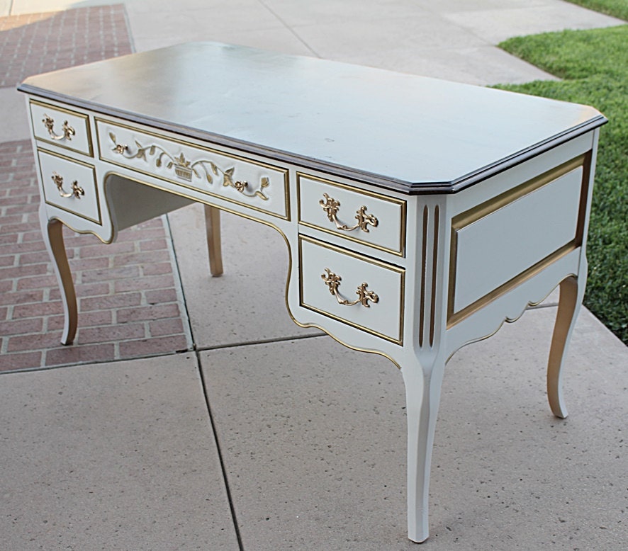 White and Gold Trim French Country Provincial Large Writing Desk