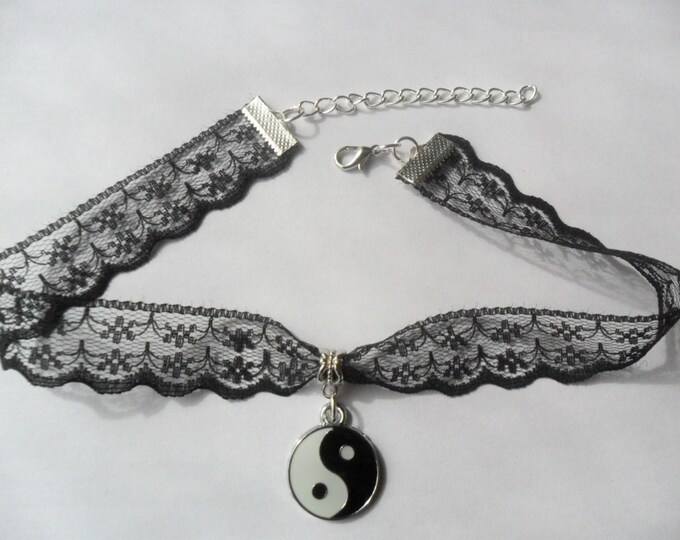 Black lace choker necklace with silver tone Yin Yang pendant, ribbon choker necklace