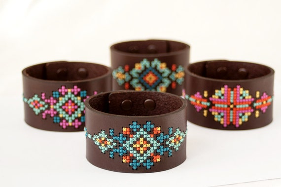 DIY Cross Stitch Kit - Leather Cuff with Southwestern Inspired Design