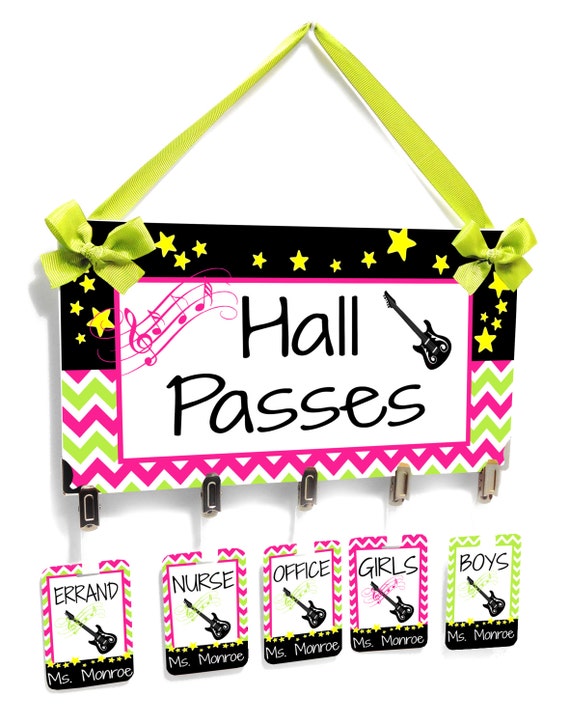 teachers hall passes sign black pink and lime green music