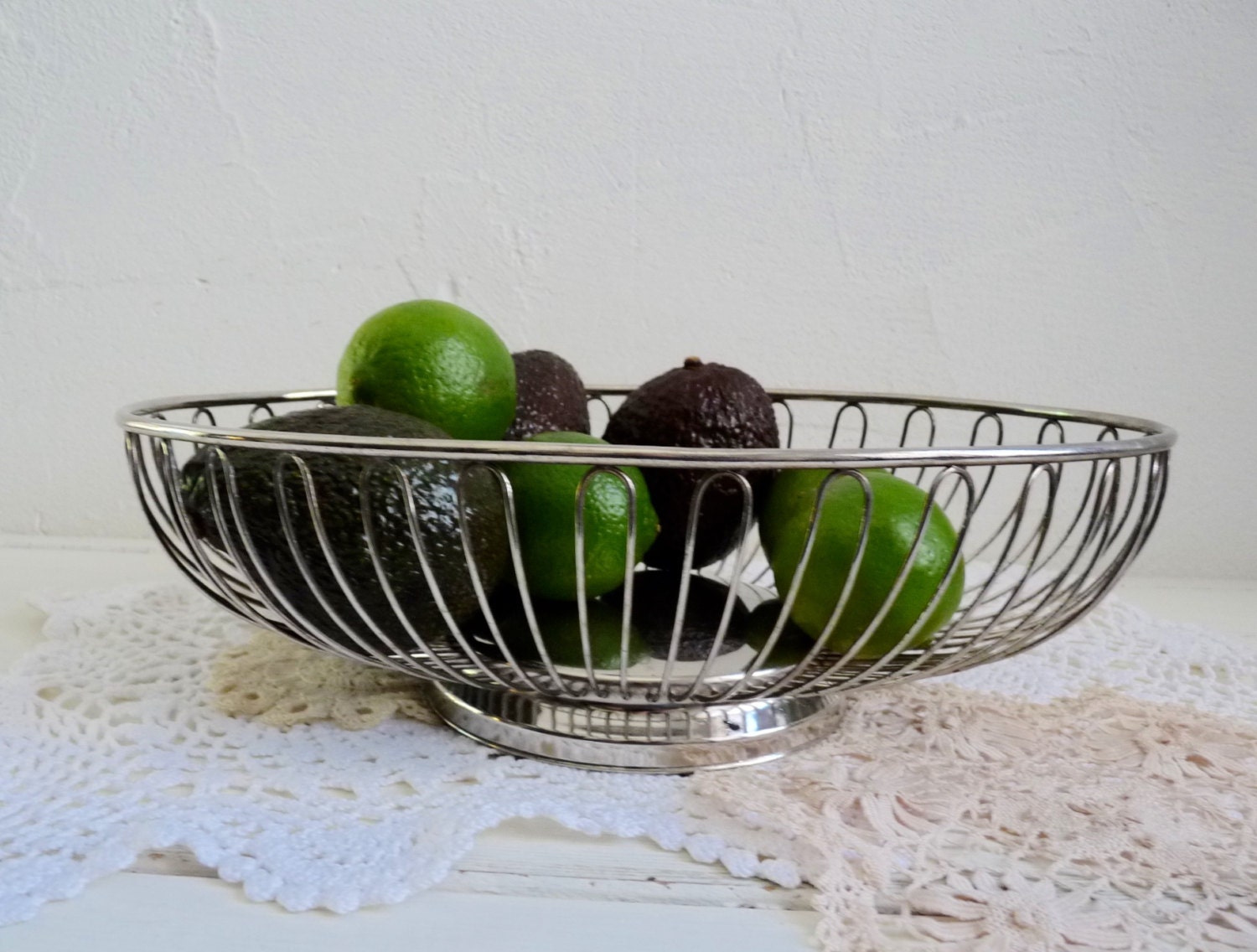 Vintage French Silver Plated Basket, Oval Shaped Metal Basket. Mid 