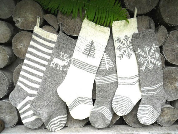 FOR 2016!! Hand knit Christmas Stocking Grey and White with stripes, deer, tree, snowflake ornament Personalized Christmas decoration