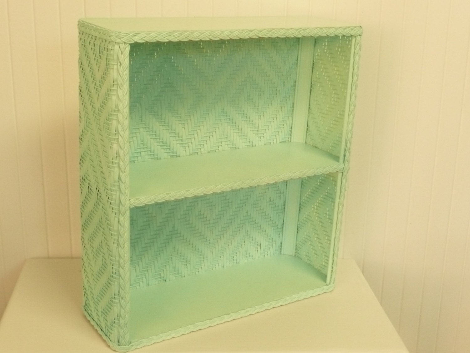 Vintage Wicker Shelf, Two Tier Curio Wall or Counter Shelf, Pastel Aqua