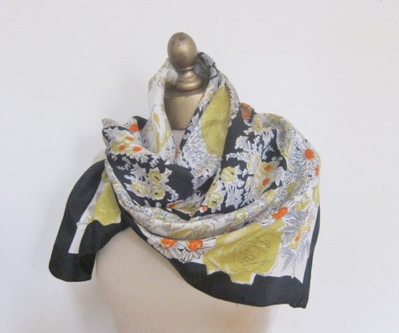 1950s vintage SILK scarf FLORAL mid by foulardfantastique on Etsy