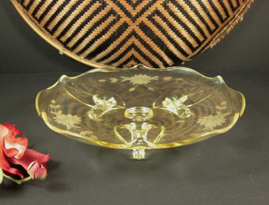 Elegant Yellow Etched Glass Serving Tray / Depression Era