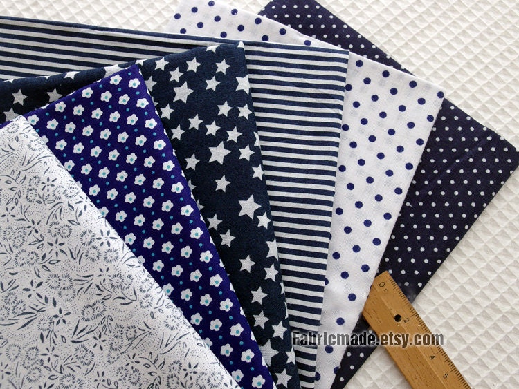 Navy Blue Cotton Fabric Bundle Navy White Flower Stripes Polka