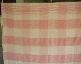 Vintage Woven Wool Plaid Blanket, Pink and White Blanket, Double Bed Size, 62 x 160 "