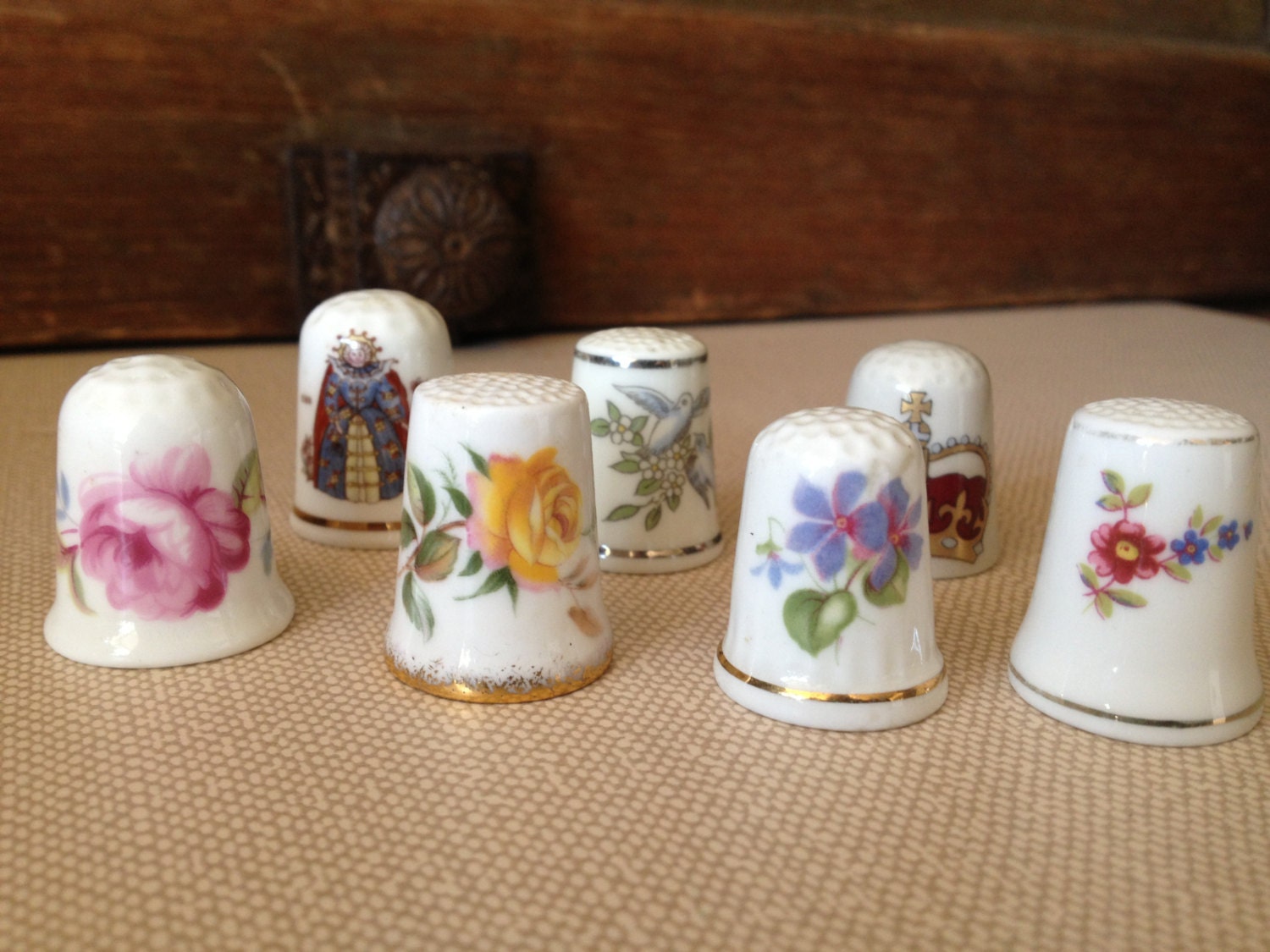 Vintage England Floral Bone China Thimble Collection Set of