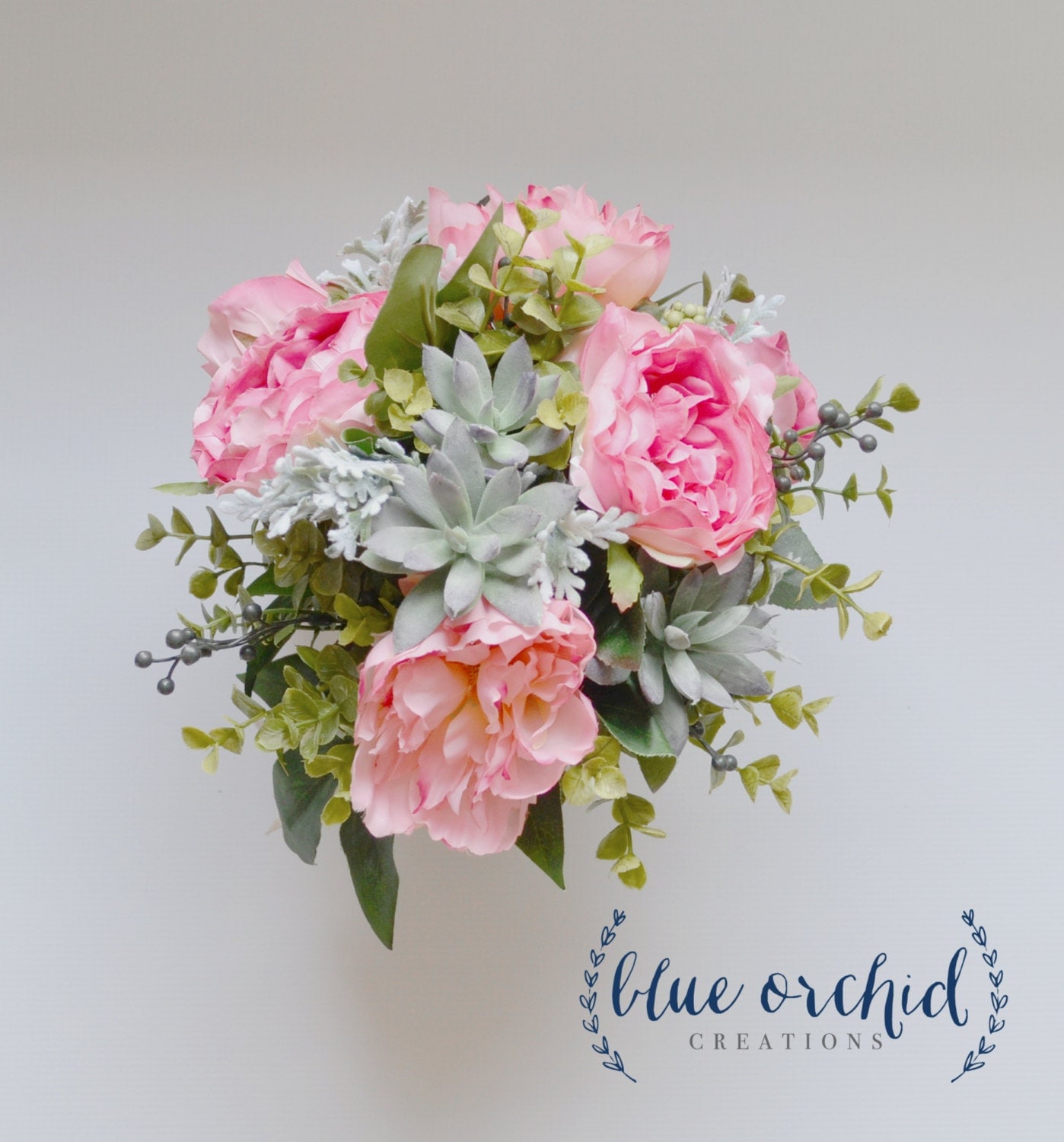 Pink Boho Bouquet with Peonies Cabbage Roses Succulents
