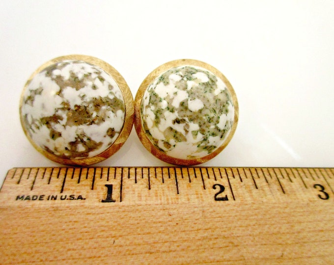 Dome Earrings - Signed Crown Trifari - white green speckle and gold clip on earring