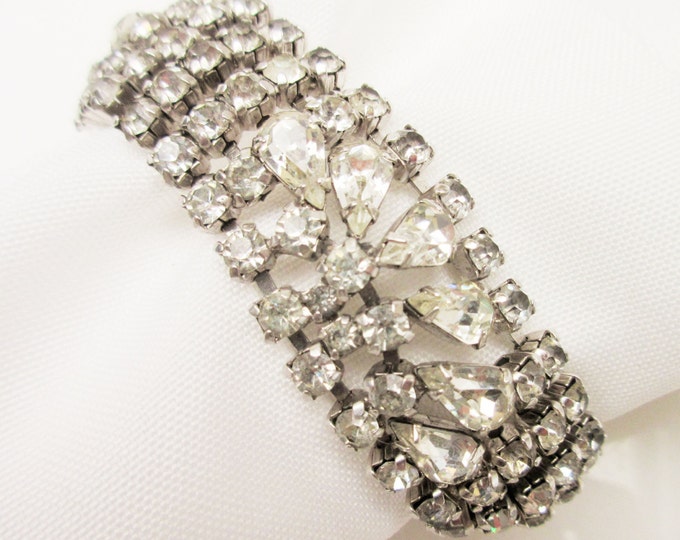 Dorians Rhinestone Bracelet wide mid five row clear stones silver setting Mid Century 1958