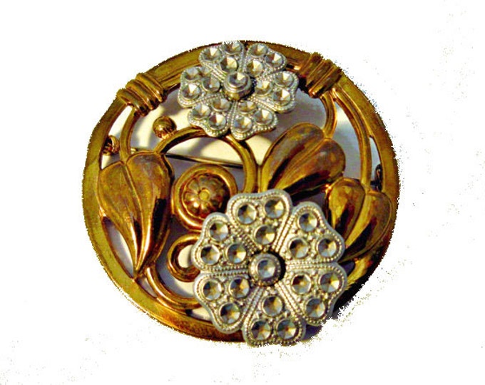 Flower Brooch - Art Deco - stamped brass - cut silver steel - Floral pin