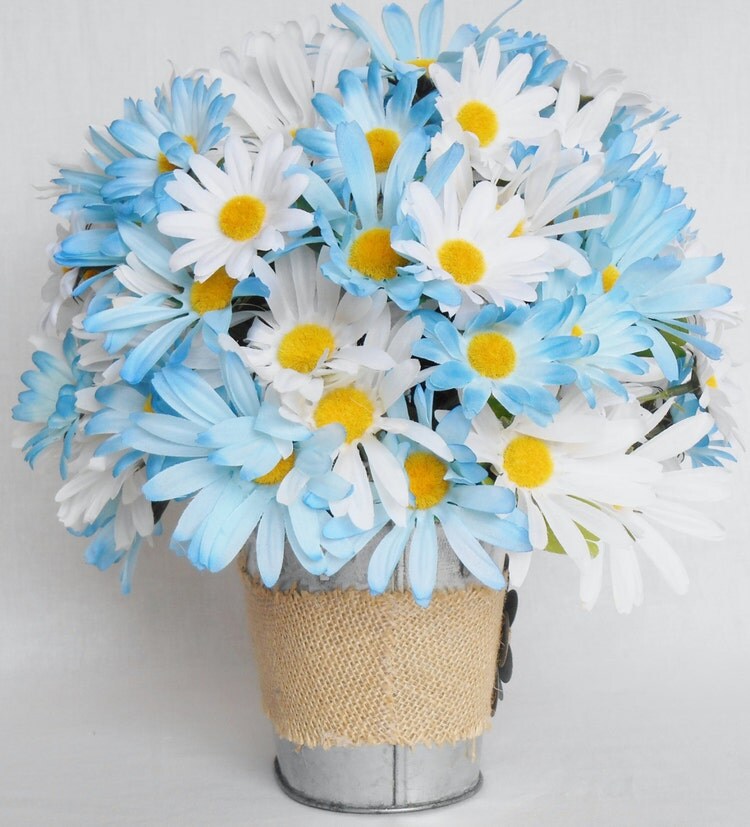 Silk Flower Arrangement Blue Daisies White by BeautyEverlasting