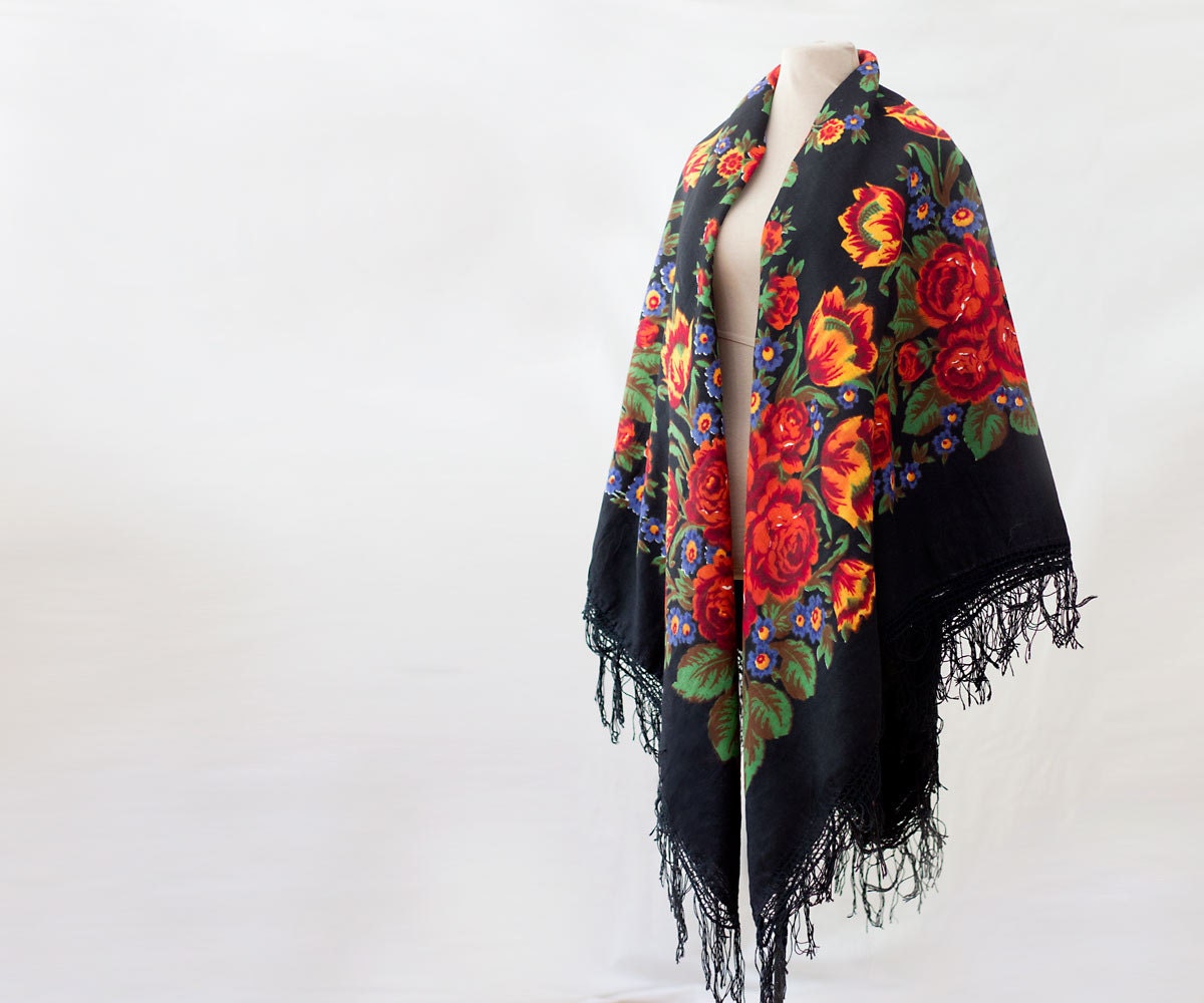 Russian shawl black floral shawl fringed shawl babushka