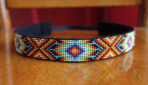 Multi Colored Beaded Headband with Native American Pattern and