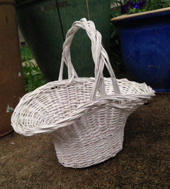Vintage White Wicker Basket Flower Girl Basket by RusticBuckets
