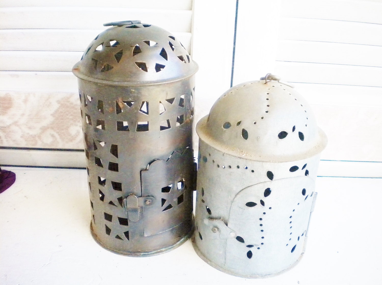 Vintage Punched Metal Candle Holder Lanterns for Votives Set