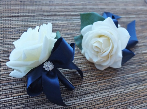 White & Navy Boutonniere White Rose with navy ribbon | Etsy