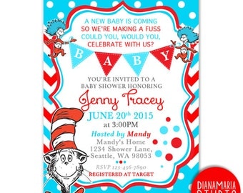 Dr Seuss Baby Shower Invitation Card- Cat in the hat Baby shower invite - Blue Red Chevron-PRINTABLE