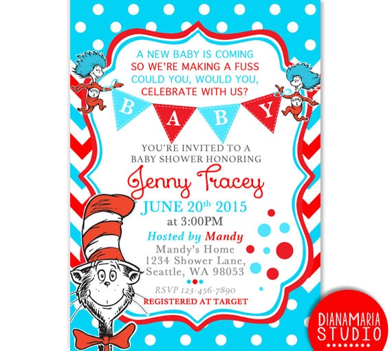 Dr Seuss Baby Shower Invitation Card Cat in the hat Baby