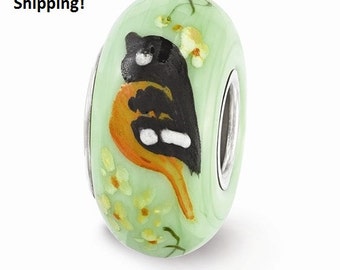 Sterling Silver Green Hand Painted Oriole Glass Bead