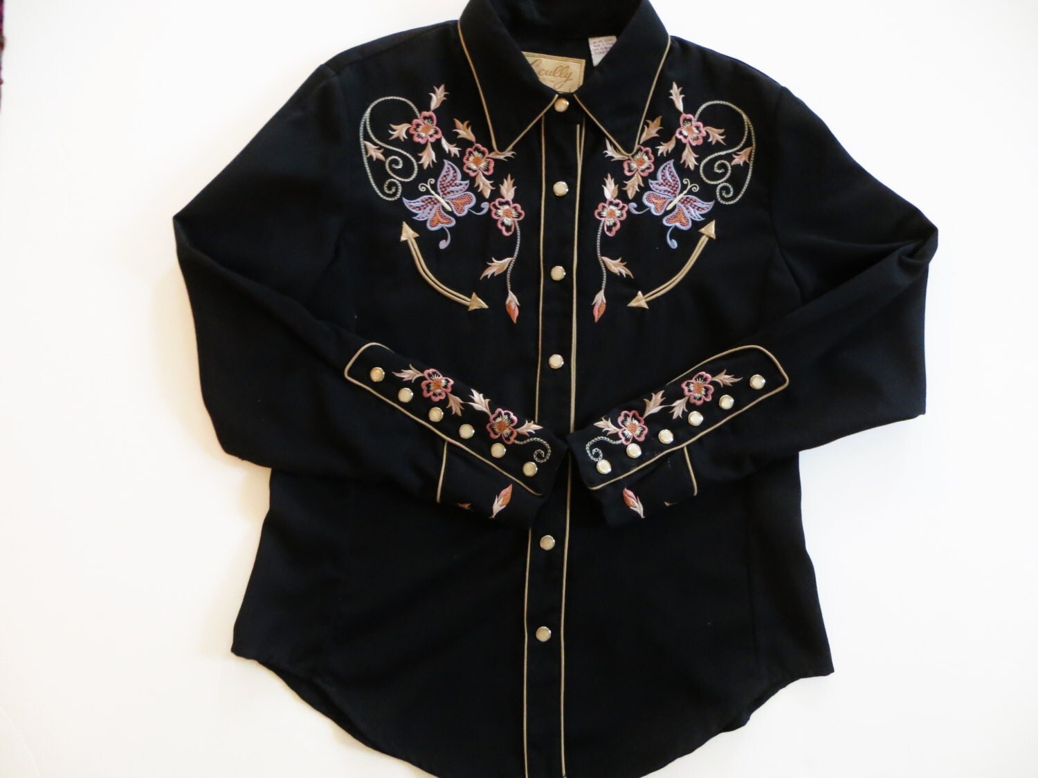 Vintage Western Shirt Scully Black Embroidered Pearl Metal