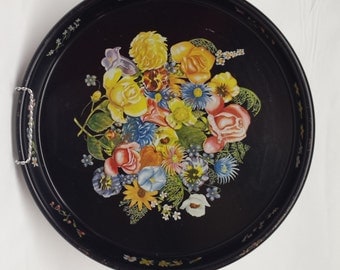 Vintage Black Metal Round Tray with Floral Pattern
