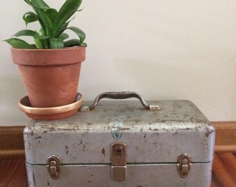 Vintage tackle box, metal tool box, industrial storage, silver tackle box, grey metal box
