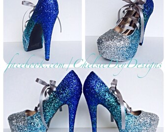 Glitter High Heels Blue and White Pumps Aqua by ChelsieDeyDesigns