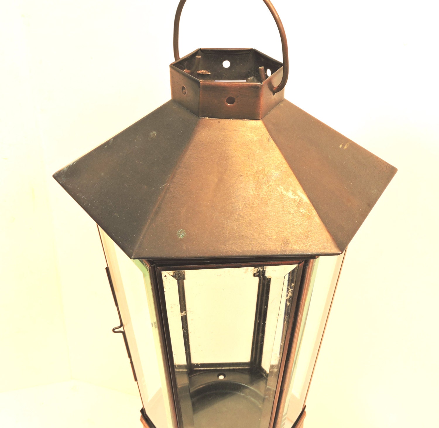 Vintage Candle Lantern Hanging Copper Lantern Beveled Glass