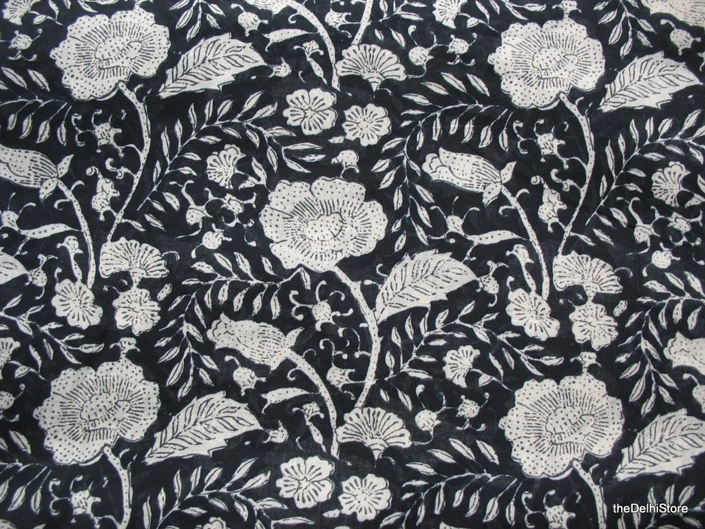 Cotton Voile Fabric by Yard Floral Kalamkari Print in Black