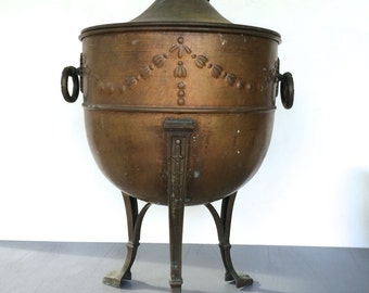 vintage brass footed planter kettle cauldron lidded large